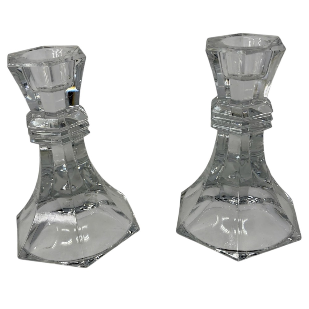 Vintage 24% Bleikristall Lead Crystal Candlestick Holders Pair Geometric 4.5"